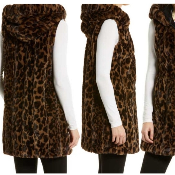 Via Spiga Faux Fur Hooded Leopard Long Vest Size 12-14 - Picture 16 of 16